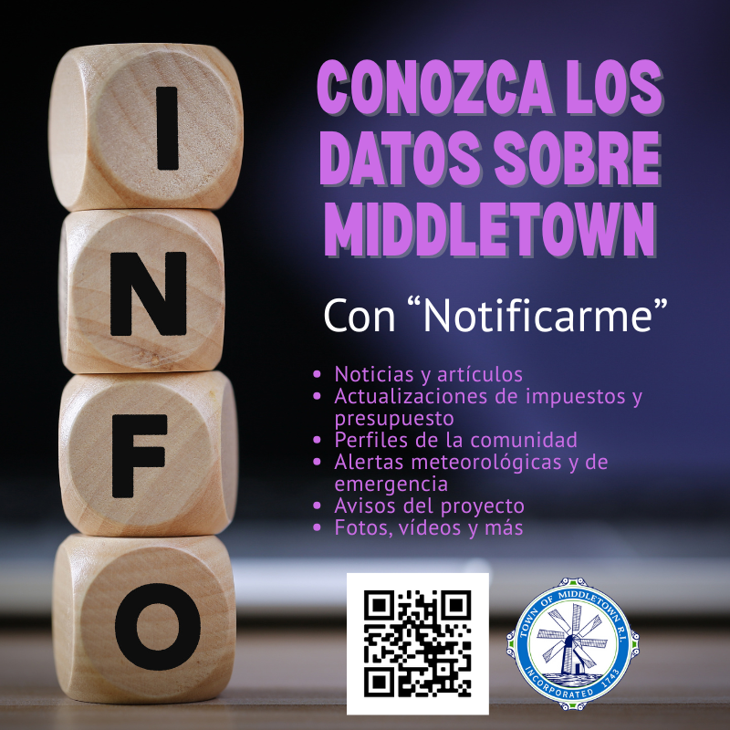 Info Notify Me Graphic With Purple And White Lettering Spanish 