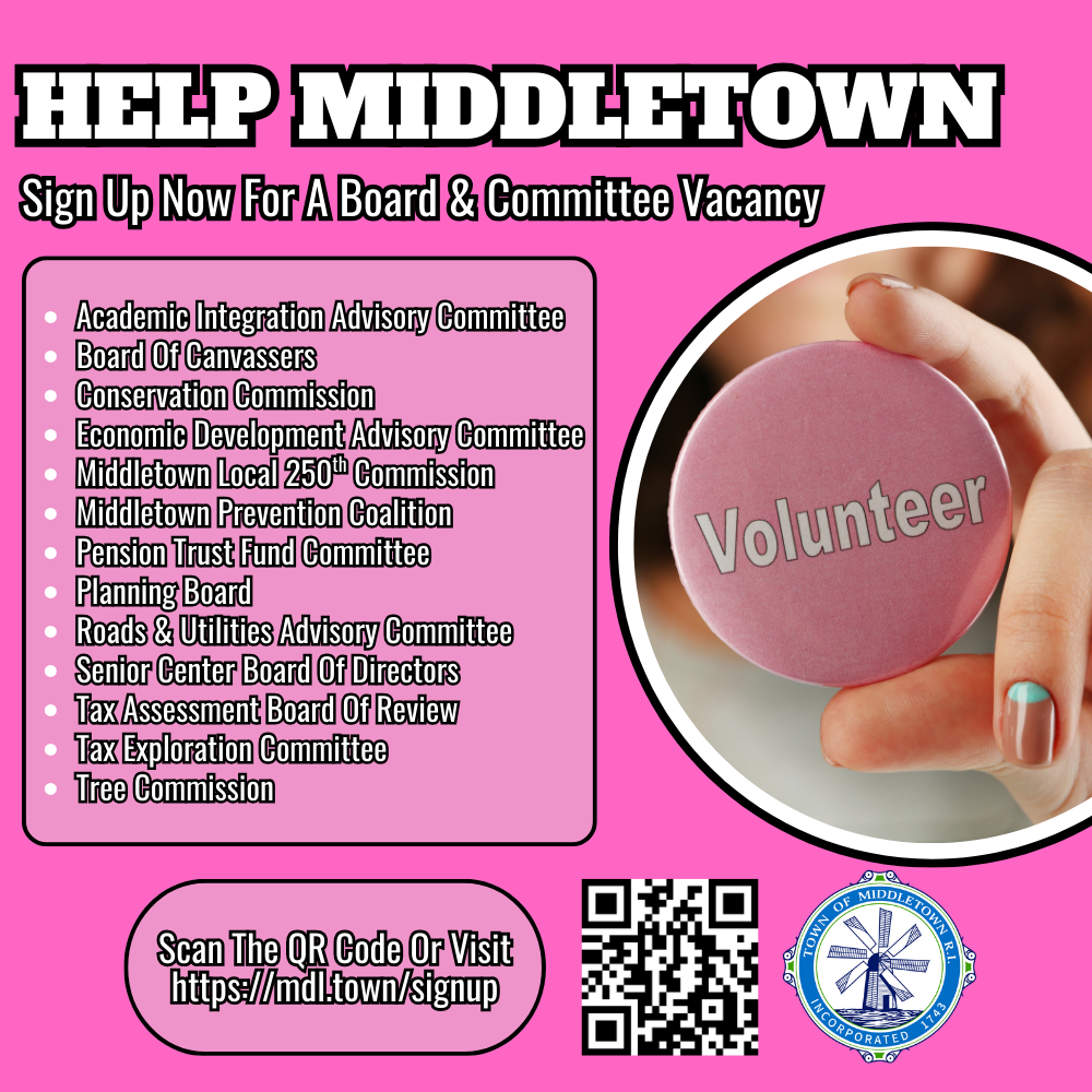 Help Middletown By Volunteering Pink Graphic With White Lettering